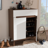 Baxton Studio Calypso-Walnut/White-Shoe-Cabinet Calypso Mid-Century Modern White and Walnut Wood Storage Shoe Cabinet
